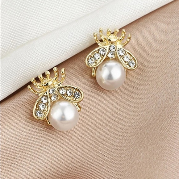 Jewelry - 925 Sterling Silver Pearl Bee Stud Earrings | Gold Crystal Insect Jewelry